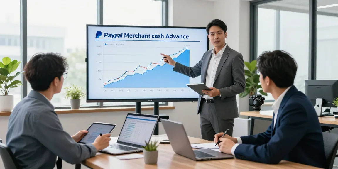 Business professionals collaborating on PayPal merchant cash advance strategies in a modern office.