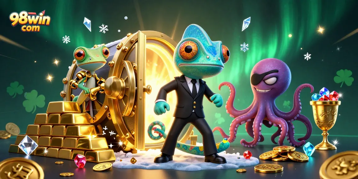 Experience exciting gaming action at 98win com with our vibrant illustrated casino scene full of treasures.