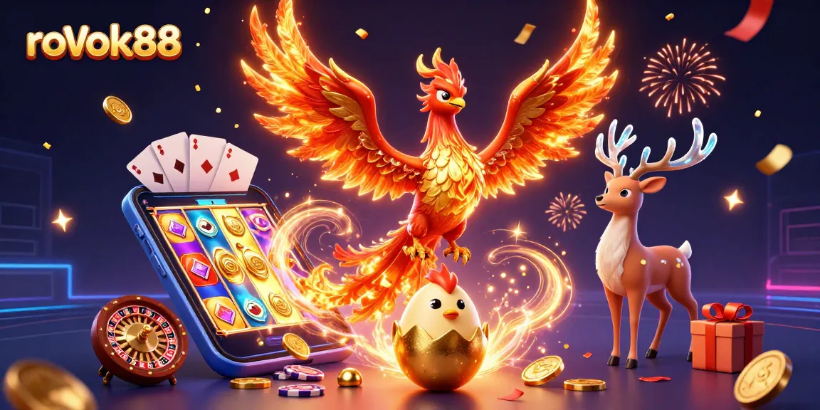 Experience the vibrant world of rokok88 with a fire phoenix, baby chick, and mystical stag surrounded by exciting gaming elements.