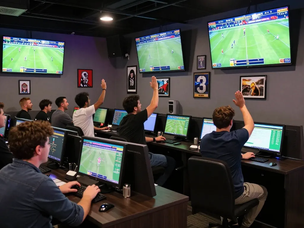 Fans celebrating while placing xôi lạc bets in a lively sports betting lounge with multiple screens.