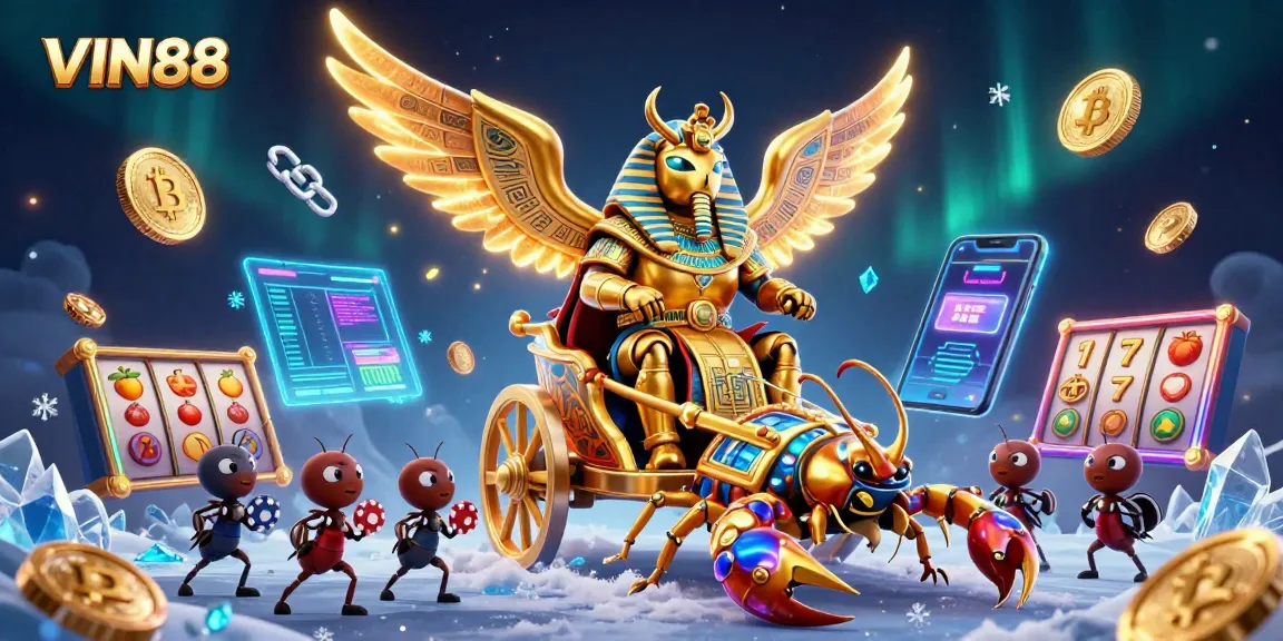 Engage with VIN88 through vibrant 3D casino elements, featuring colorful characters and dynamic gaming symbols.