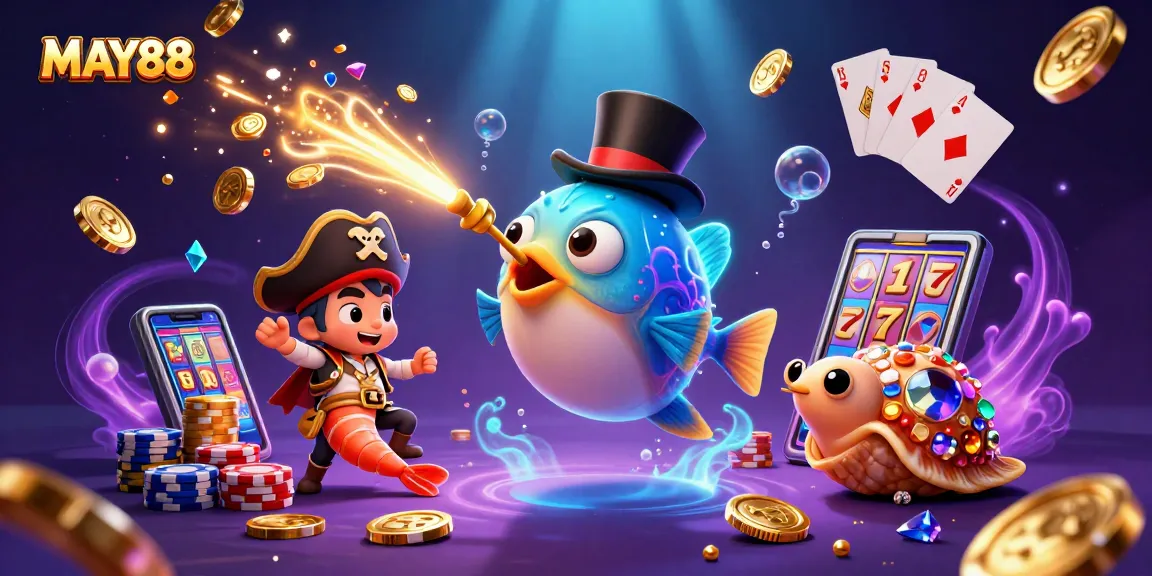 Engage with MAY88's thrilling casino scene, featuring a glowing anglerfish and pirate shrimp amid flying coins and cards.