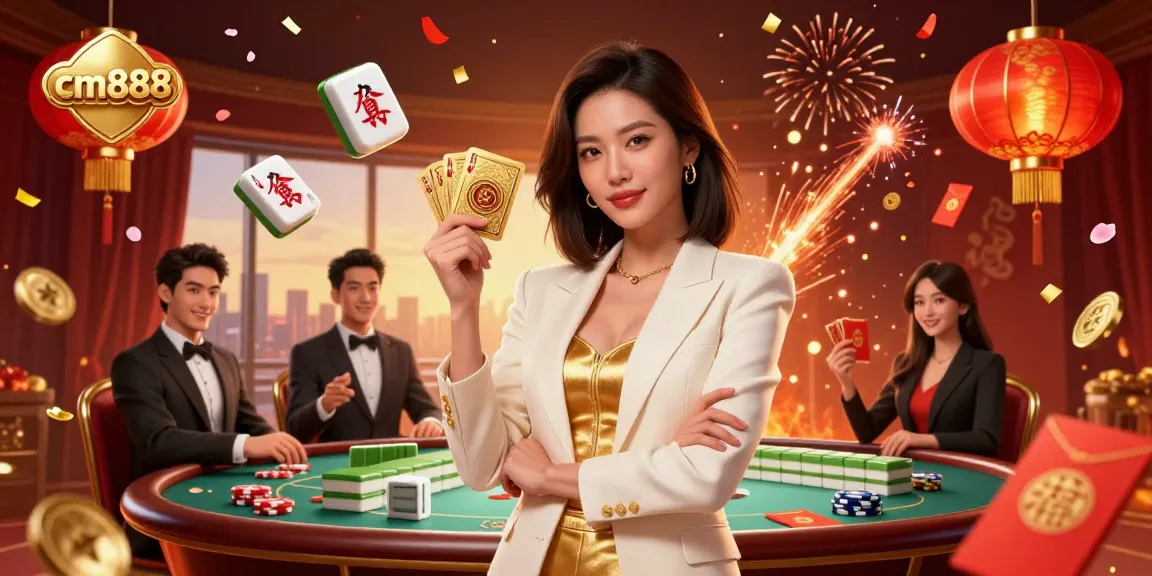 Experience thrilling moments at cm888 as a stylish Asian woman plays cards in a vibrant casino.