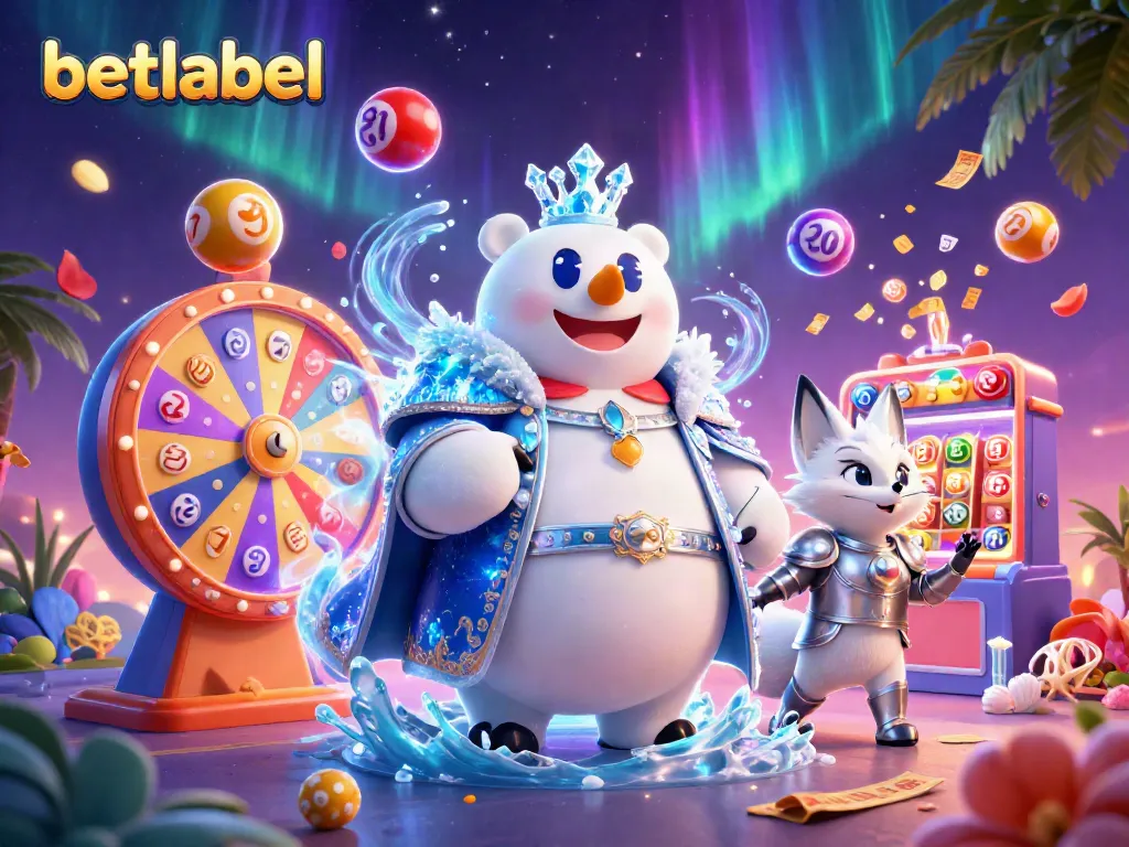 Betlabel features an exhilarating scene with a polar bear king and fox amidst colorful lottery elements, showcasing vibrant entertainment.