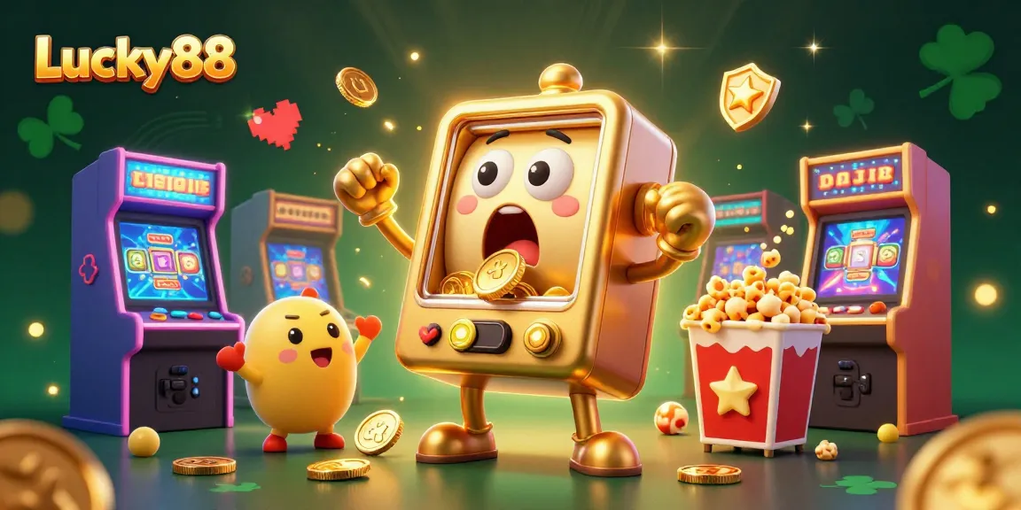 Experience Lucky88's excitement with a golden slot machine winning a jackpot in a vibrant casino scene.