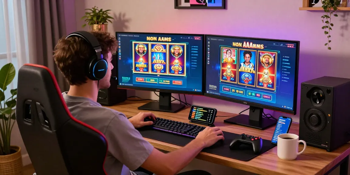 Giocatore che interagisce con casinò online non aams su monitor doppi in un'accogliente configurazione di gioco, mostrando giochi di slot vivaci e interazione con la comunità.