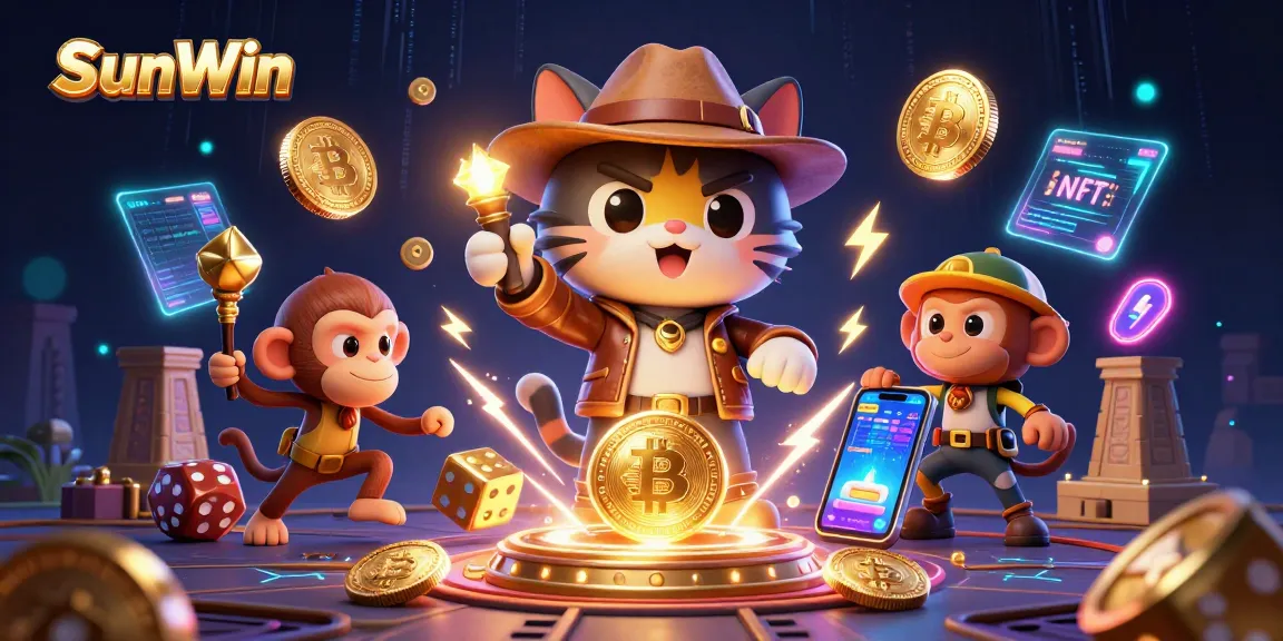 Engage with SunWin's thrilling casino world featuring vibrant 3D art of a lucky explorer and his companion.