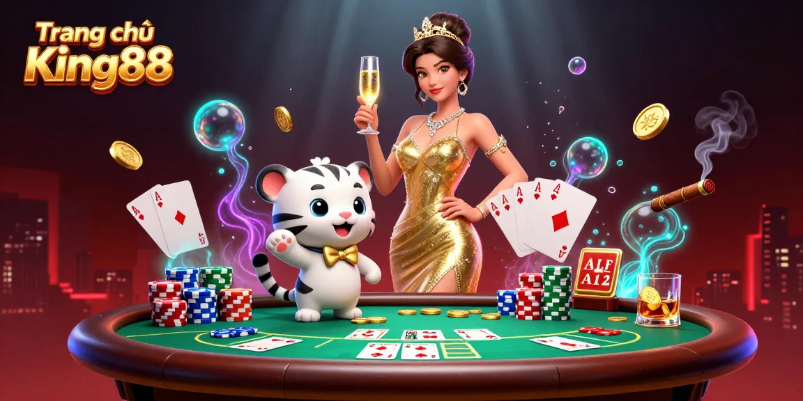 Experience the excitement of Trang chủ King88 with a glamorous illustration showcasing a woman and a lucky tiger in a vibrant casino setting.