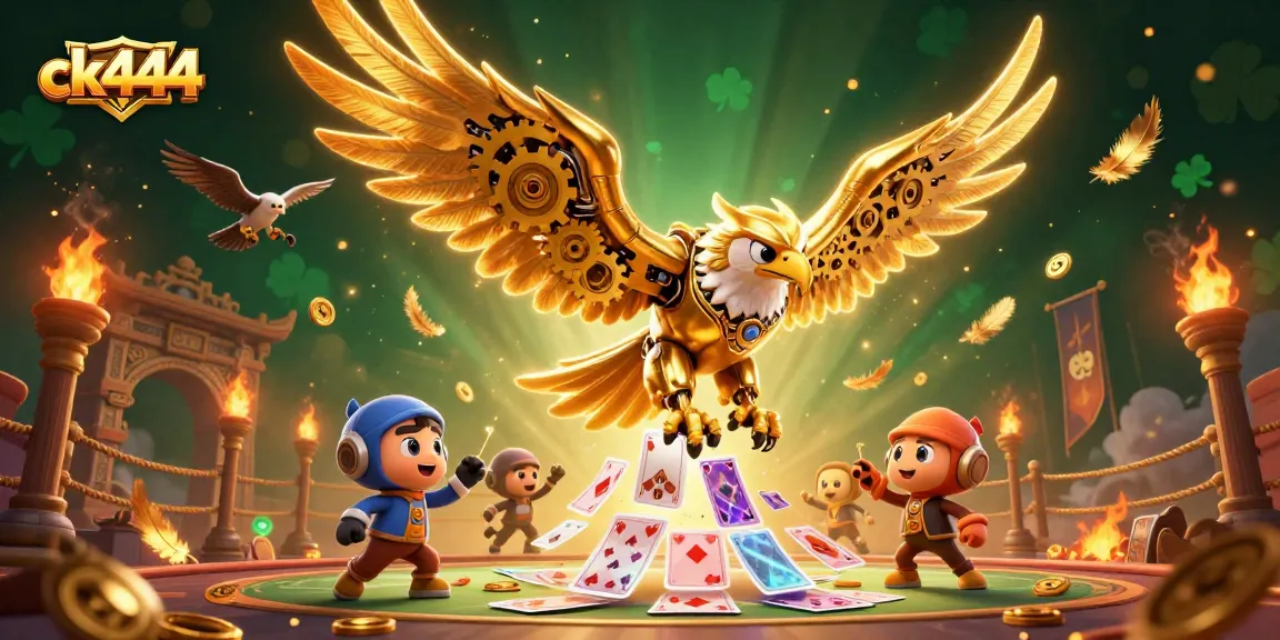 Experience thrilling gameplay with ck444 as a cybernetic eagle dives through holographic cards in an exciting casino scene.