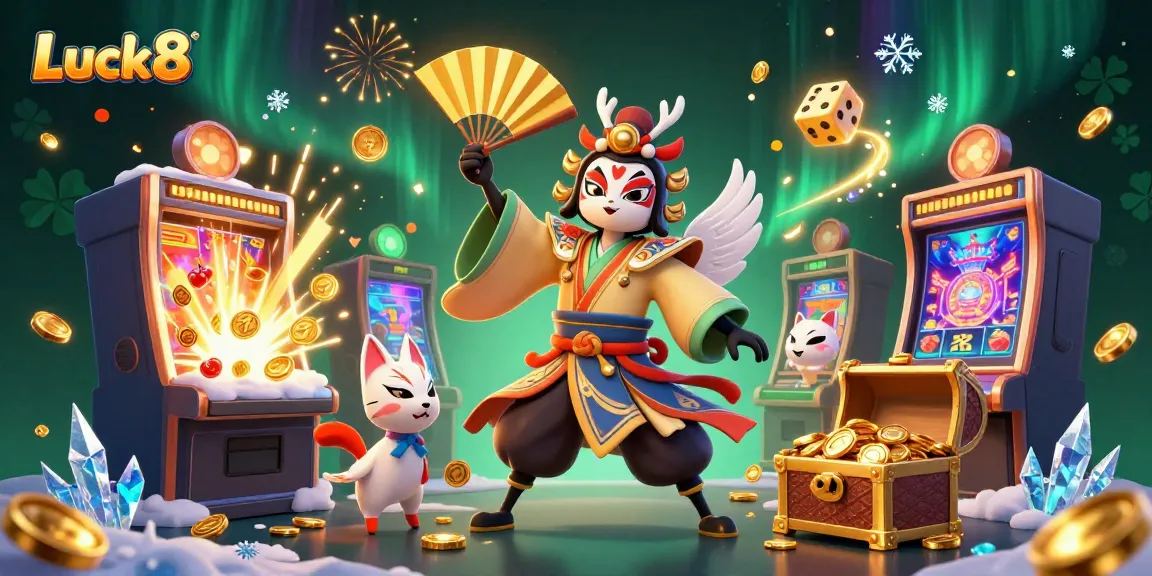 Experience the vibrant casino world with Luck8, featuring dynamic characters surrounded by jackpot explosions and casino action.