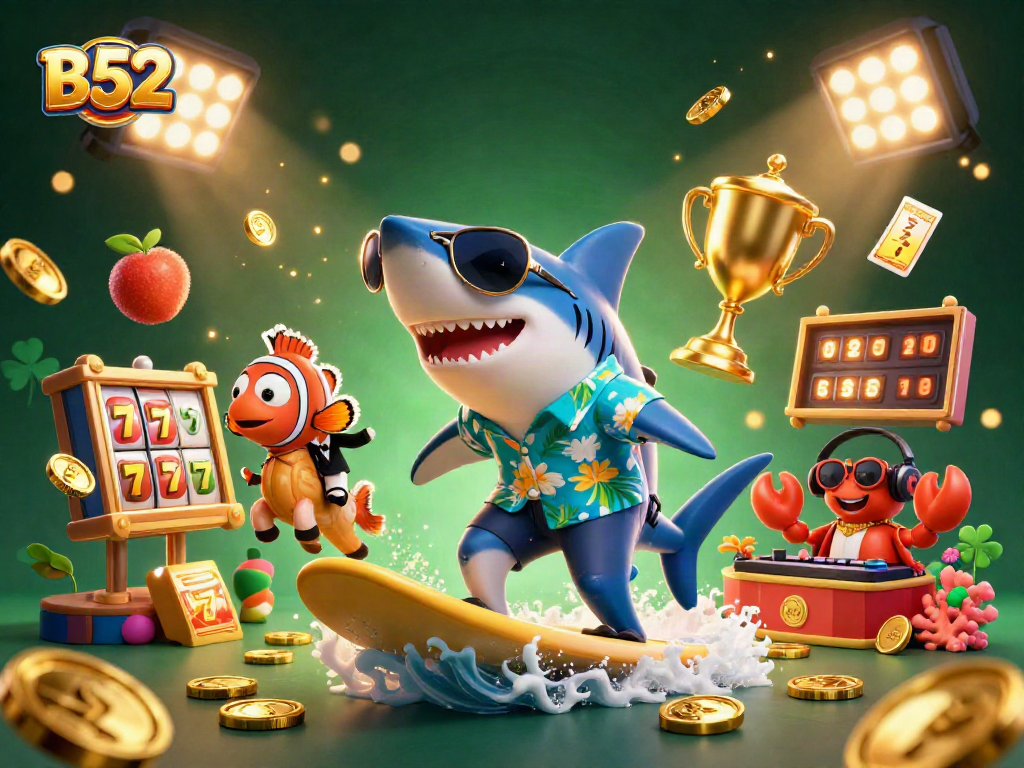 B52 Casino Adventure: A shark surfing gold coins with lucky symbols and games around