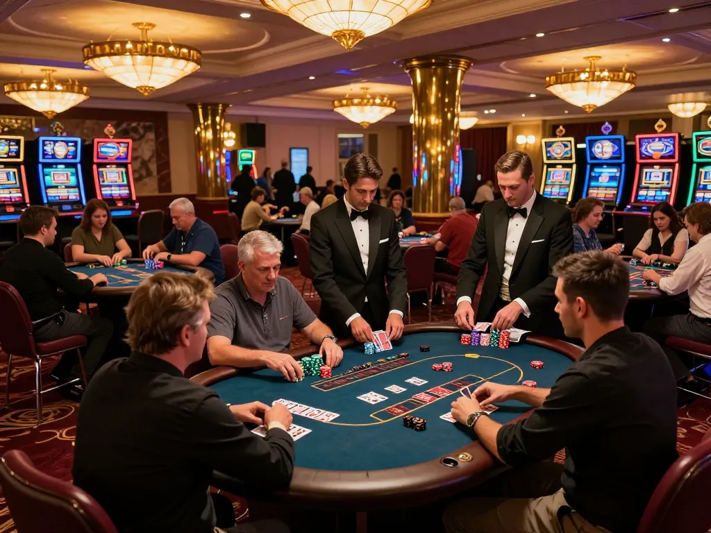 Experience dynamic gameplay at dn88 casino with players at poker tables under warm lighting.