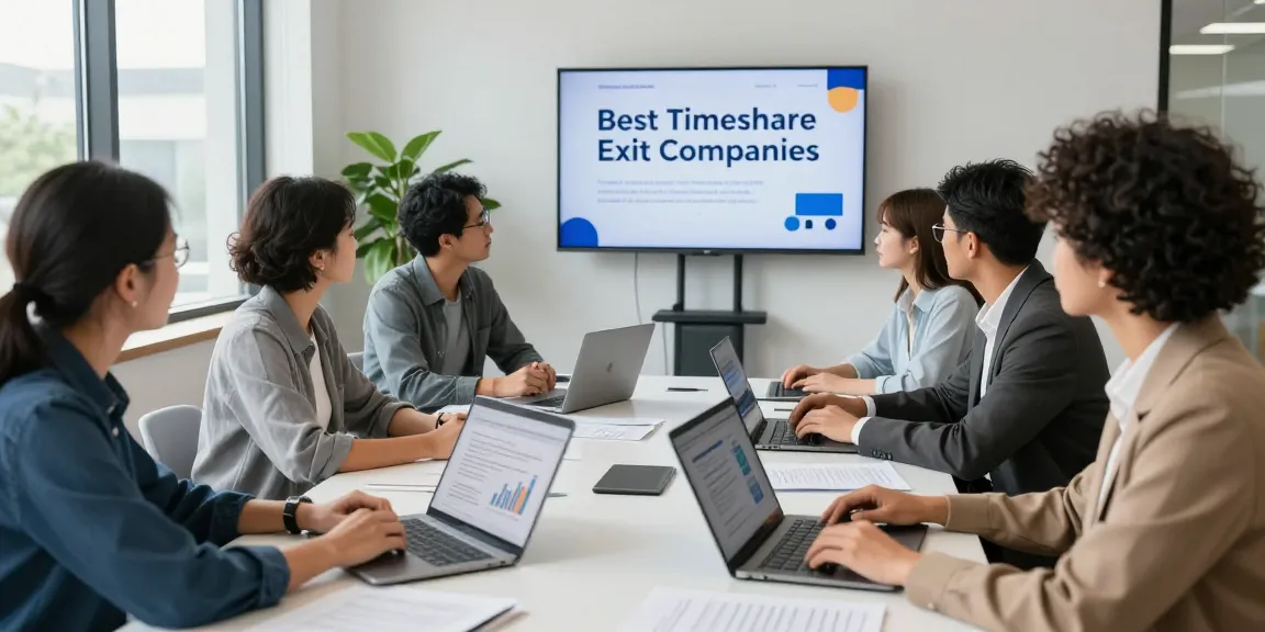 Consultation on best timeshare exit companies with diverse professionals in modern office.