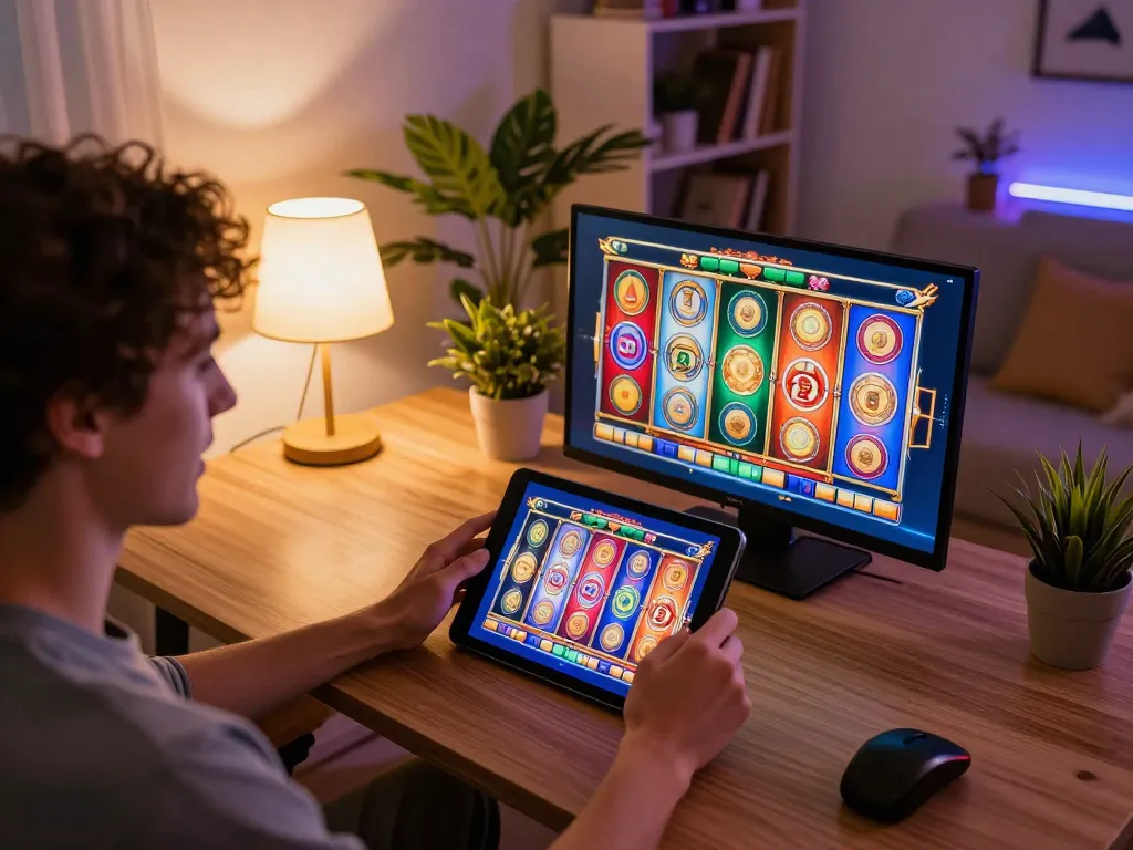Engaging in thrilling slot games online at home using go88vn on tablet with colorful displays