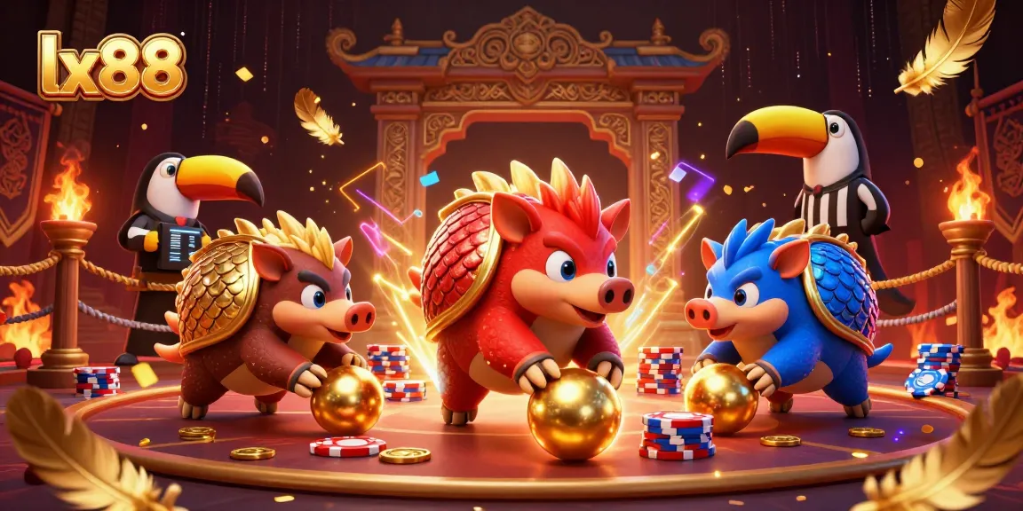 Experience thrilling gameplay at lx88 as rival pangolins compete amidst poker chips and gold coins.