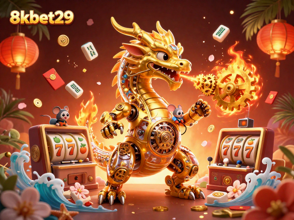 Experience thrilling gaming at 8kbet29 with our vibrant 3D casino illustration showcasing action-packed slot machine excitement.