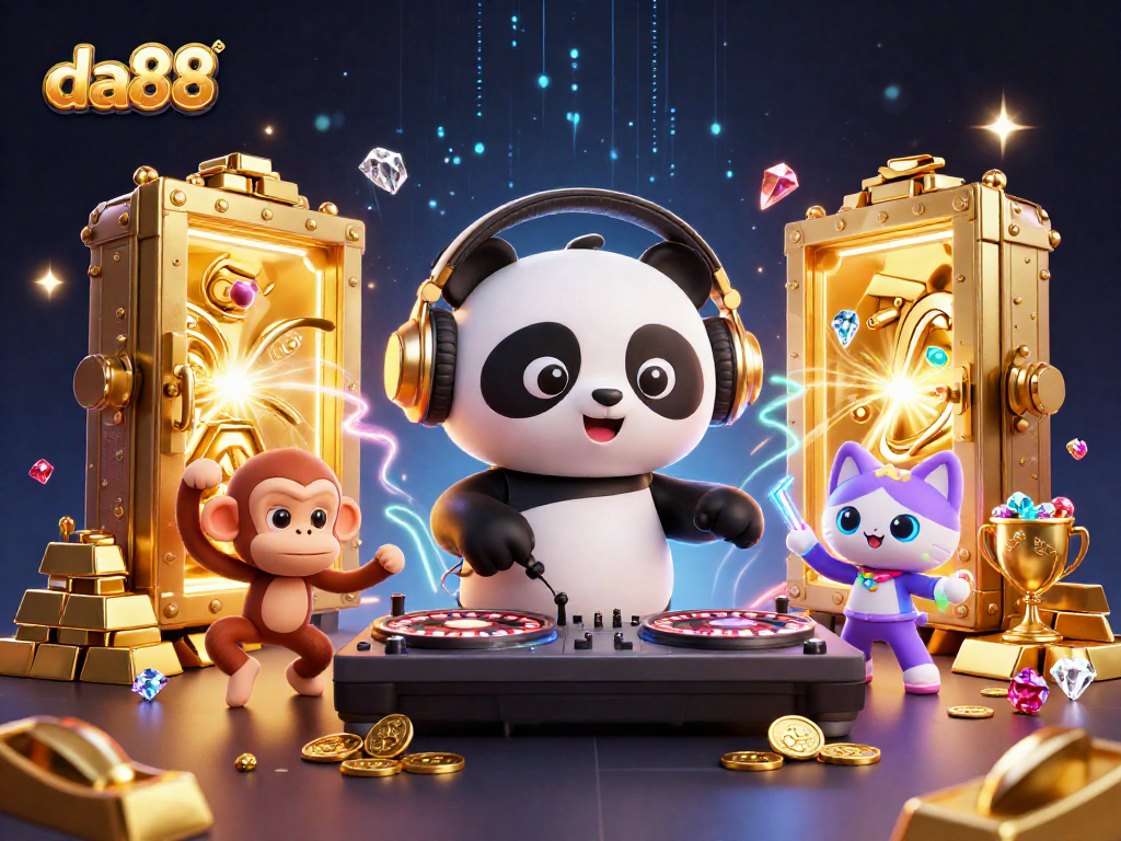 da88 showcases a vibrant casino scene with a DJ panda and monkey dancing amid treasure