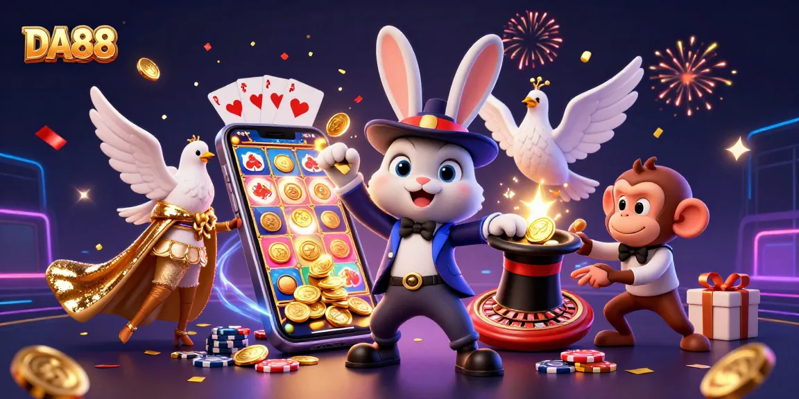 Experience the magic of DA88 with a playful scene of casino fun showcasing vibrant characters and games.