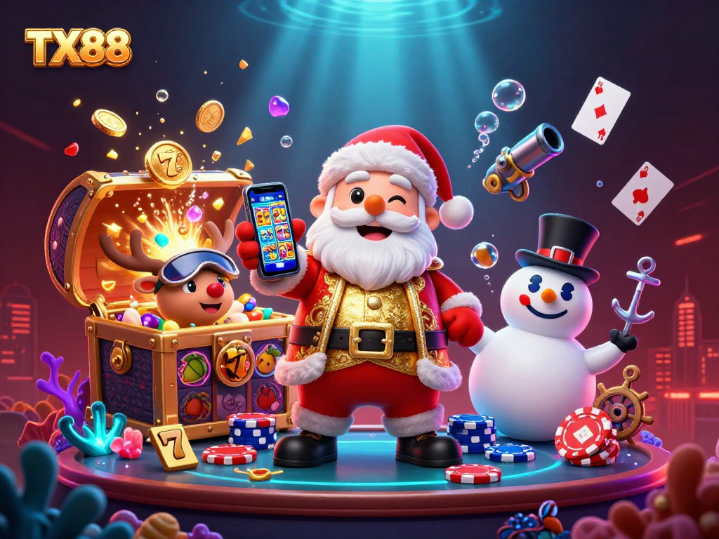 Win big with TX88 at the casino, featuring Santa Claus and gaming elements in a vibrant 3D scene.