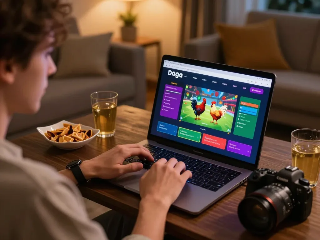 Daga gaming experience with a user placing bets online during a live chicken fight.