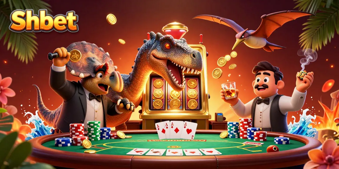 Shbet features a pachycephalosaurus winning jackpots at a golden slot machine in a vibrant casino scene.