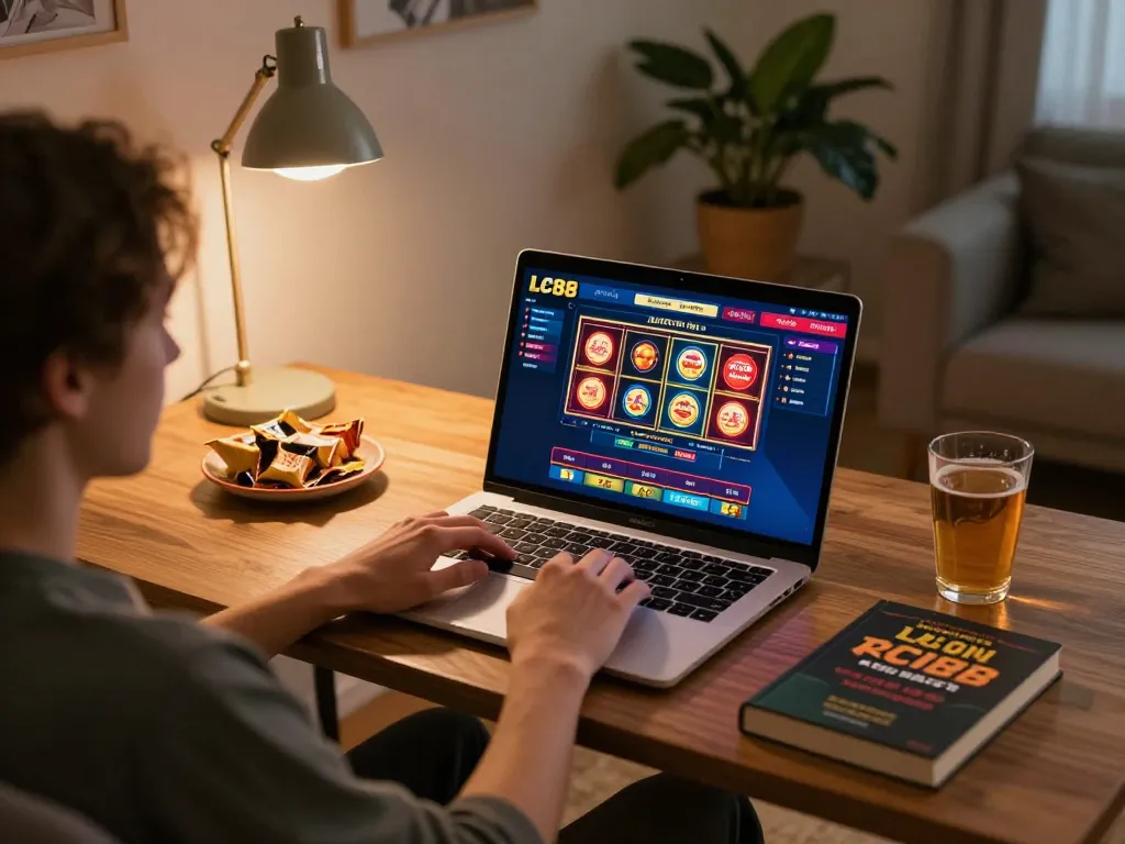 Play online games with the LC88 link in a cozy home setting, showcasing gameplay on a laptop and strategic planning.