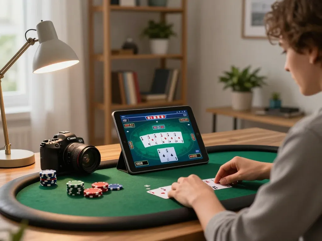 OnBet player engaging in a thrilling poker game at home, showcasing strategic online gambling.