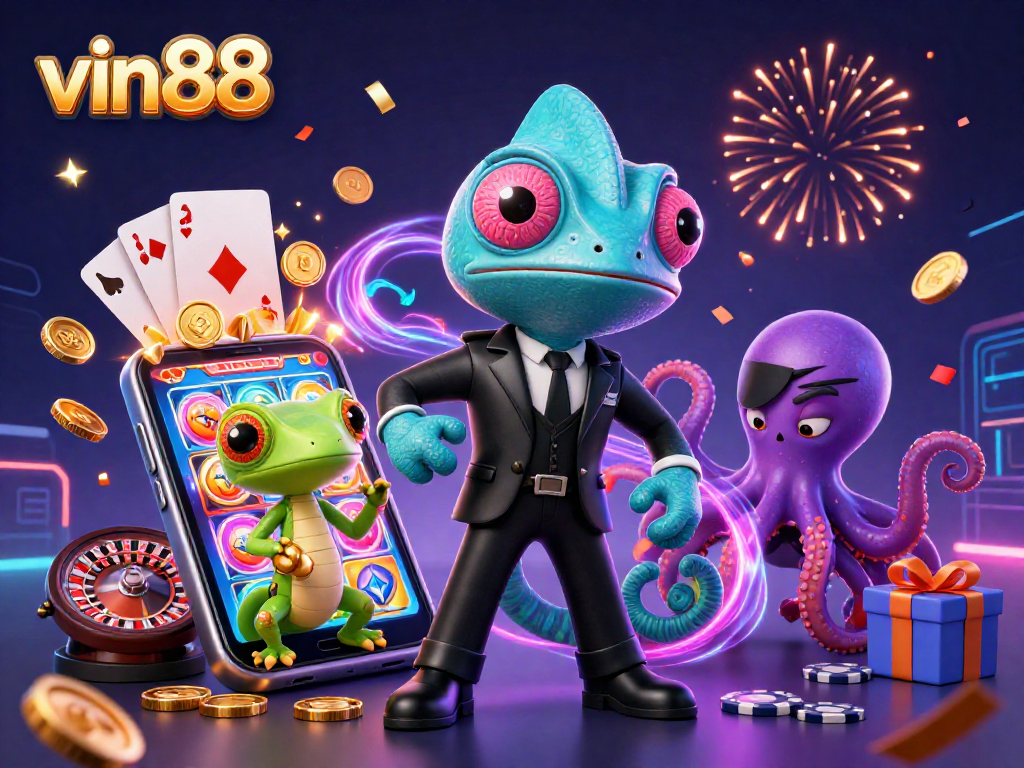 Win big with vin88: a thrilling 3D scene featuring dynamic casino elements and colorful game effects.