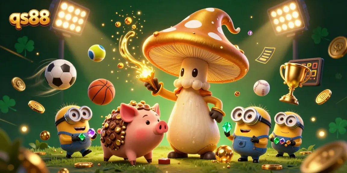 Experience the excitement of qs88 with a golden wizard and treasure-hunting pig in a vibrant casino scene.