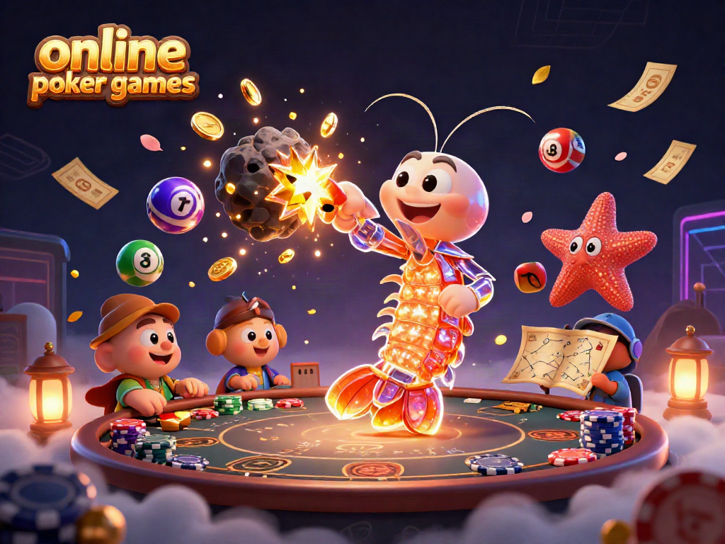 Experience thrilling online poker games with vivid 3D visuals and dynamic action in a striking digital art piece.