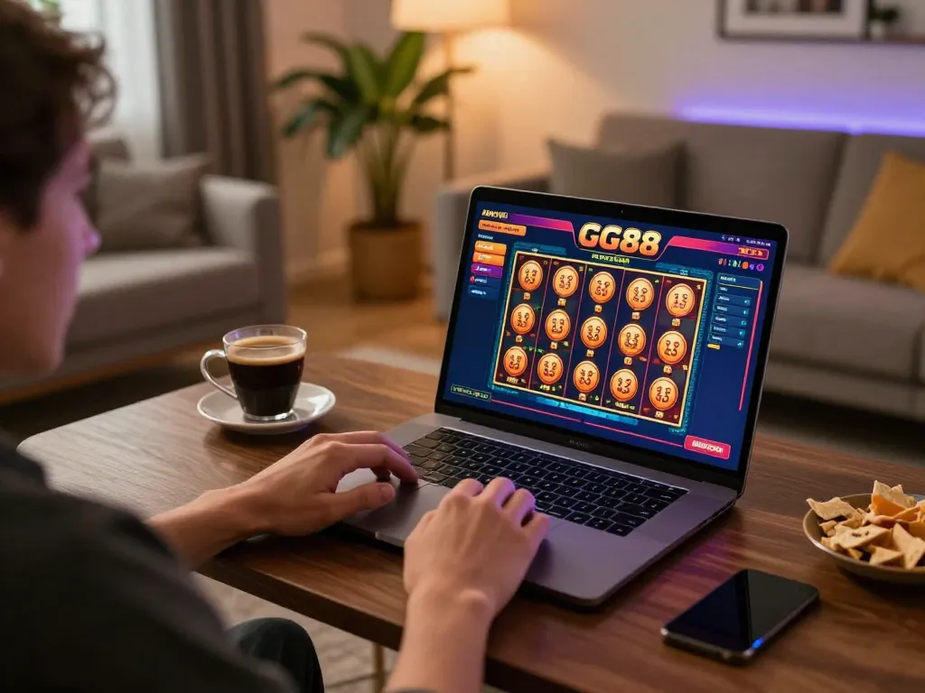 Player enjoying online casino gaming at GG88 with vibrant slot display on screen and cozy atmosphere.