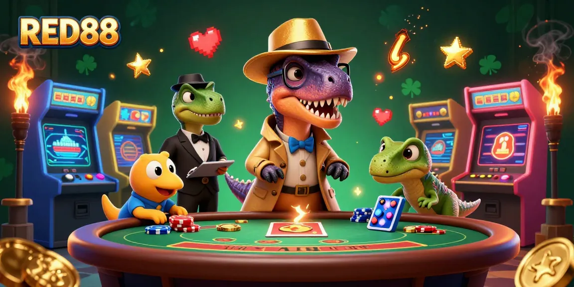 Engage with RED88 at a dynamic casino scene featuring a velociraptor card counter, offering a playful take on gambling.