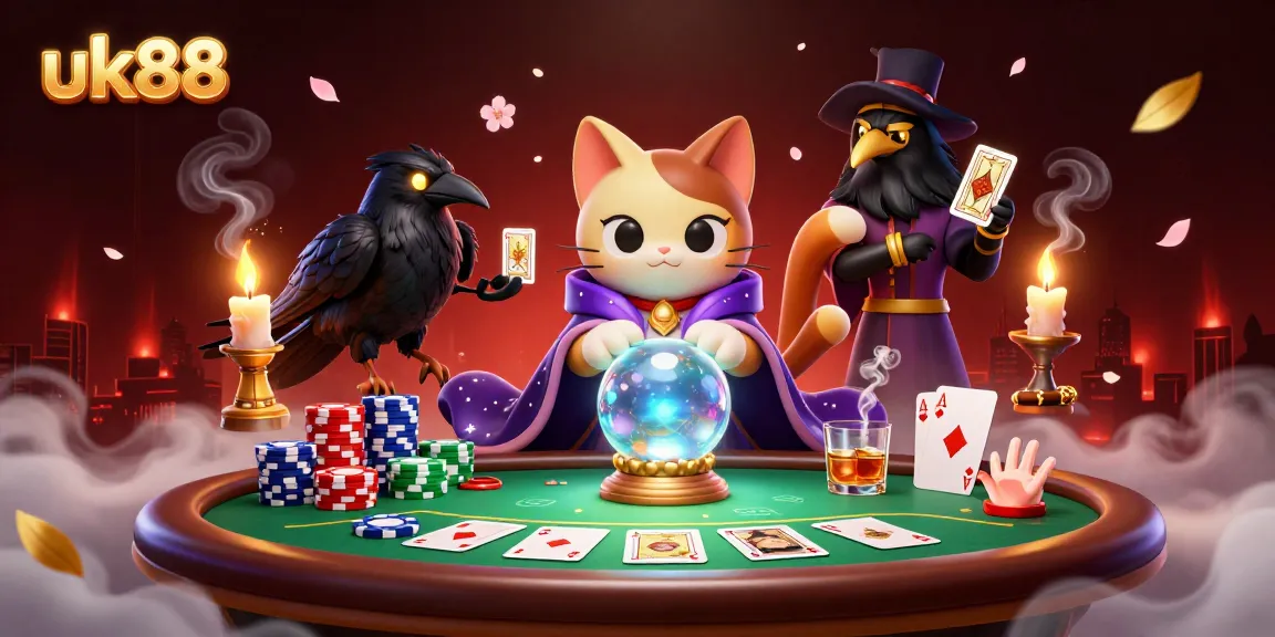 Engage in thrilling gameplay at uk88 with a mystic cat and tarot raven surrounded by poker elements.