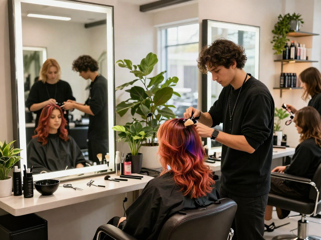 Beauty transformation at https://carbonegroupparrucchieri.it/ with vibrant hair color and professional stylist in modern salon.