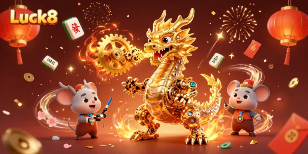 Experience thrilling action at Luck8 with animated dragon, golden gears, and festive casino elements.