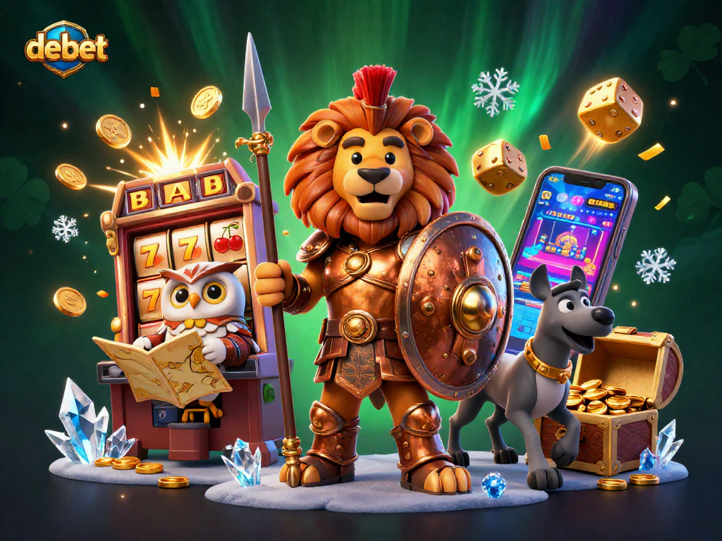 Experience the thrill of debet with a dynamic 3D casino scene featuring a Spartan lion and exciting gaming elements.