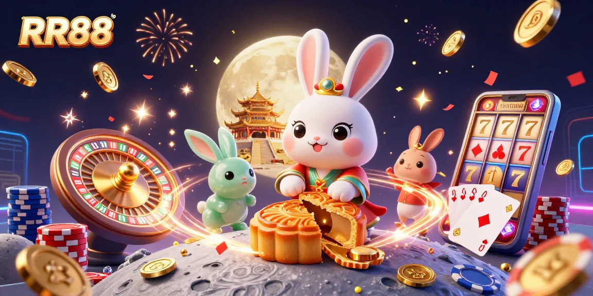 Experience RR88's exciting gaming adventure with a playful moon rabbit and poker chips.