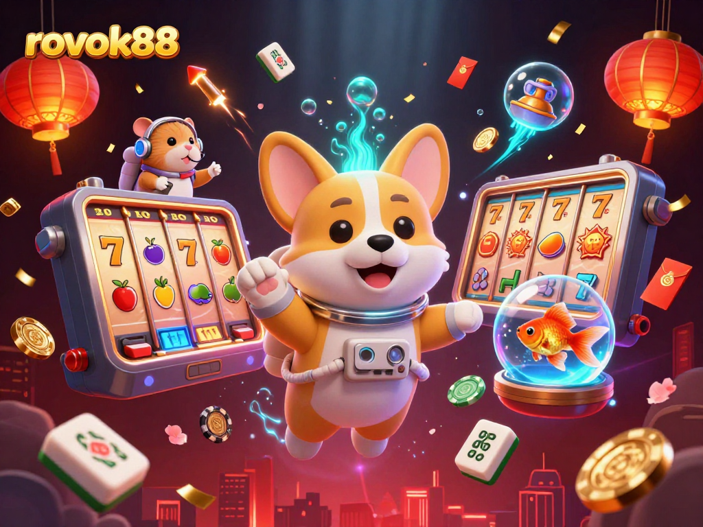 Experience the excitement of rokok88 with a vibrant space casino scene showcasing 3D characters and slot gameplay elements.