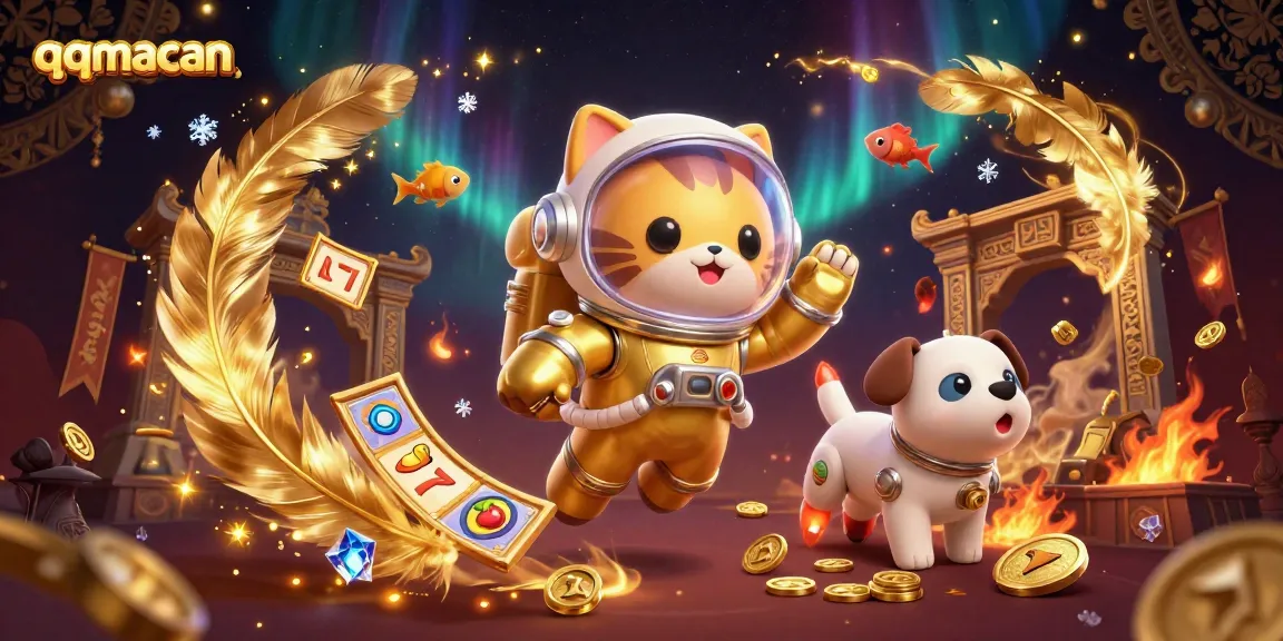 qqmacan brings excitement with a dynamic casino illustration of a space cat and robot dog amidst slot games.