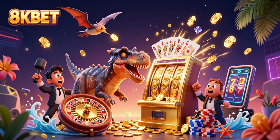 8KBET pachycephalosaurus wins a jackpot at a golden slot machine during an exciting casino scene.