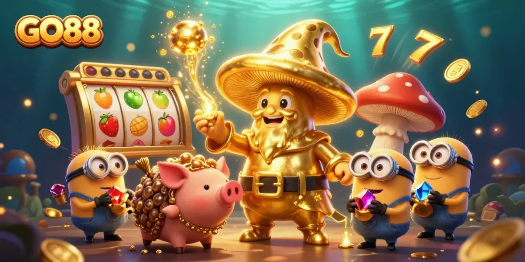 Experience the excitement of GO88 with a magical casino world featuring golden treasures and slot games.