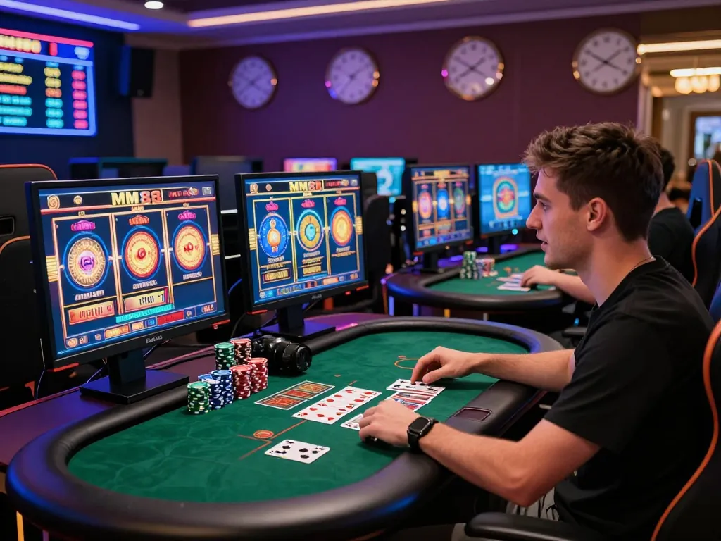 Engaged player accessing MM88 online casino with vibrant game displays and poker elements.