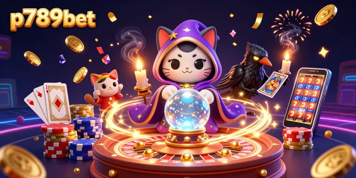 Experience p789bet’s magical gaming world with a mystic cat and vibrant casino elements.