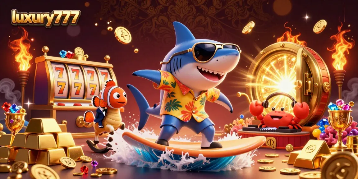 Experience luxury777 slots with a playful shark surfing coins and sparkling gems in this vibrant casino illustration.