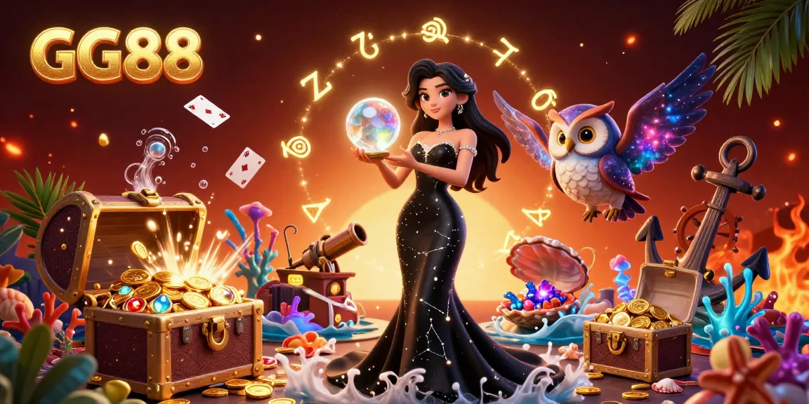 Join the excitement at GG88, where glowing treasures and vibrant casino games collide in an enchanting scene.