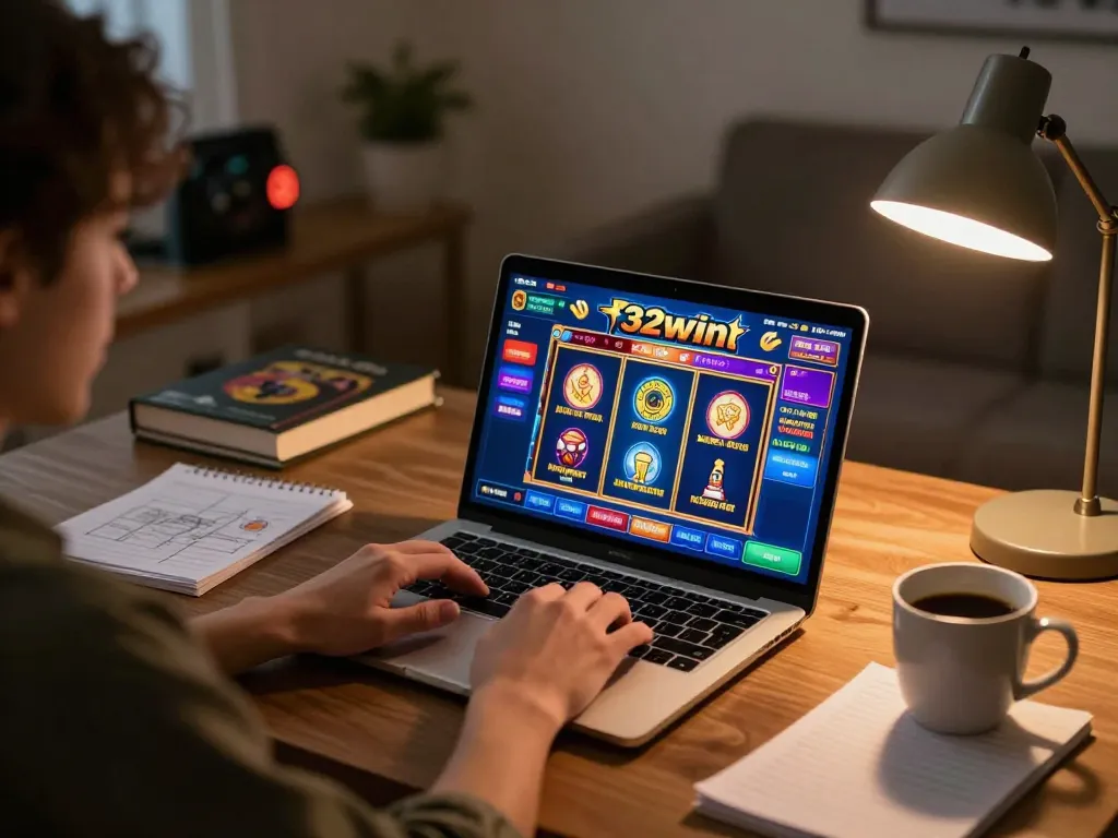 Player engaged with slot game on 32win using laptop at home, highlighting online gaming experience