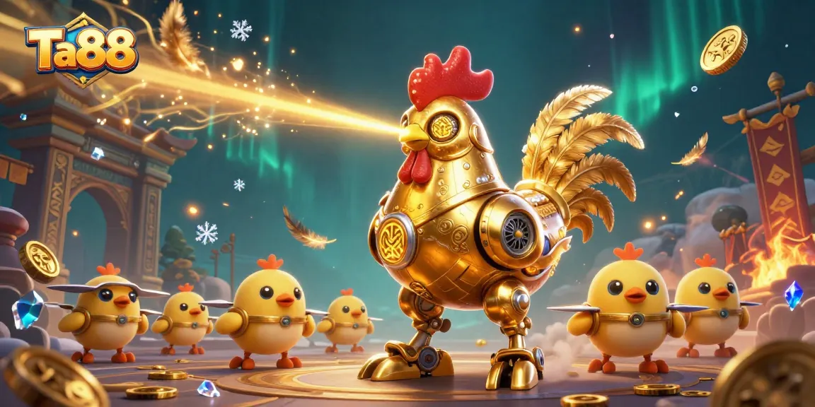 Ta88 showcases an ultra-detailed scene with a golden rooster robot laser-engraving winning patterns.