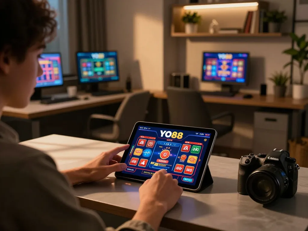 Engaged player enjoying YO88 casino games on a sleek tablet in a stylish home setting.