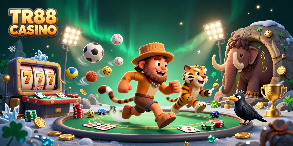 Experience the excitement of TR88 CASINO with a dynamic prehistoric scene featuring a caveman and sabertooth tiger among slot games and sports.