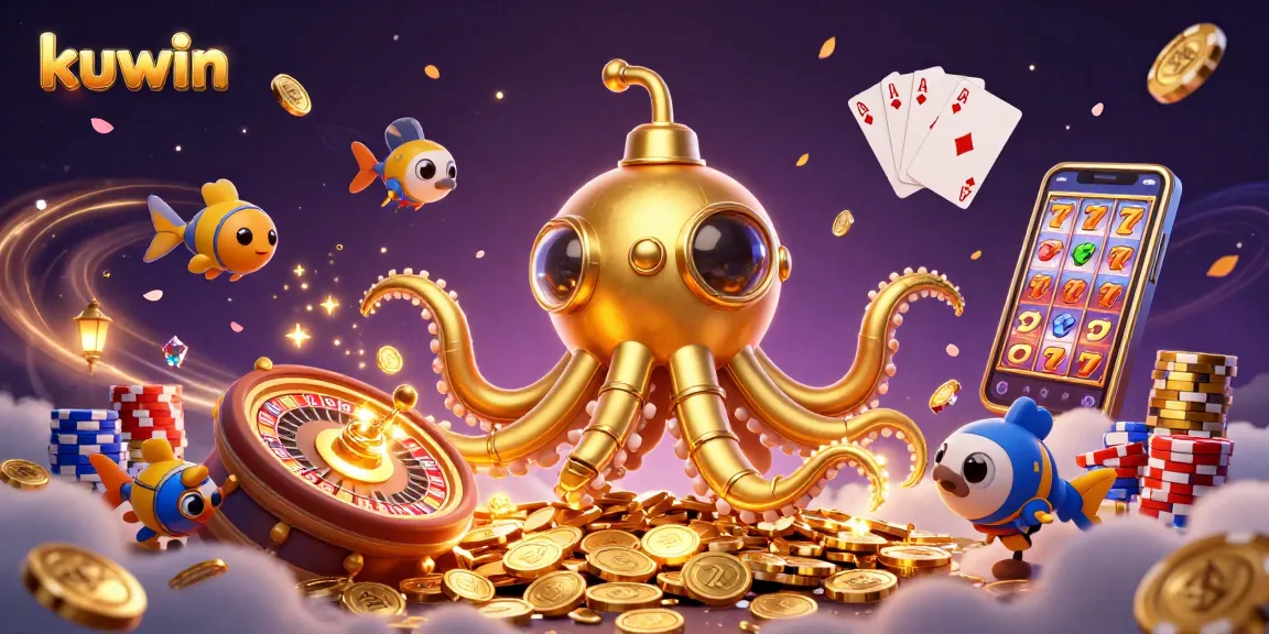 Experience thrilling gaming at kuwin with golden kraken submarine and vibrant casino elements in a dynamic 3D illustration.